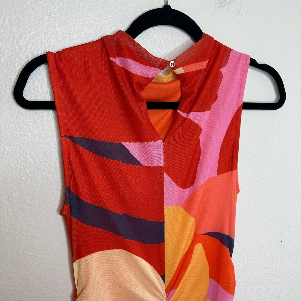 Farm Rio x Anthropologie Ruched Mesh Midi Dress Orange Abstract Size XS - Picture 7 of 9
